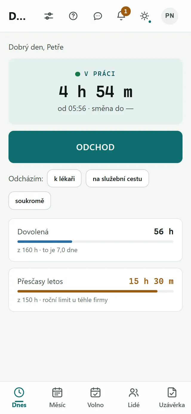 Docházka on a mobile phone: the Today screen with time worked and a Clock out button