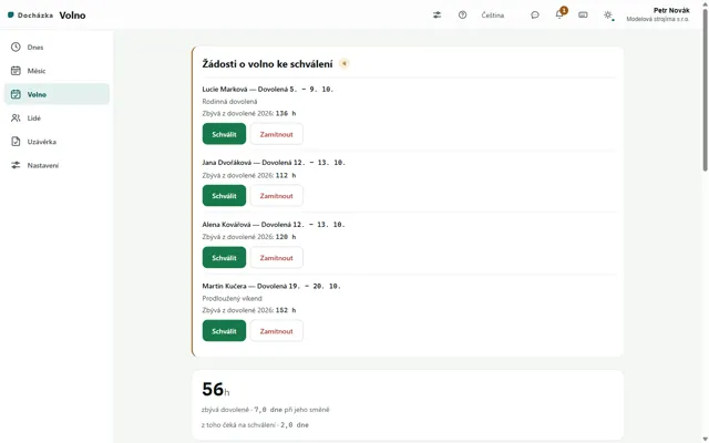 Docházka: vacation requests waiting for approval