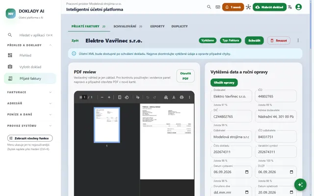 Doklady AI: received invoice in PDF next to the extracted data with a confidence score for each field