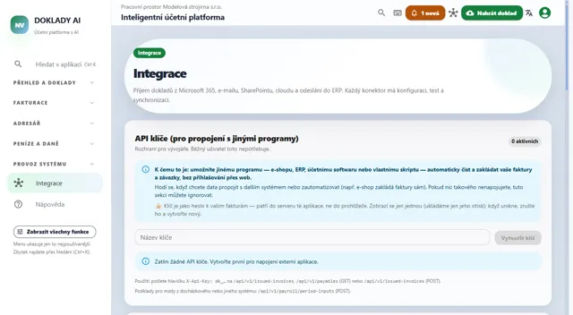Doklady AI: integrations and API keys for connecting other software