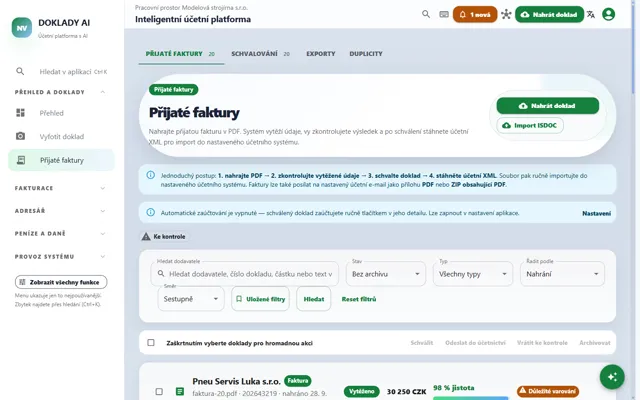 Doklady AI: list of received invoices waiting for review and approval